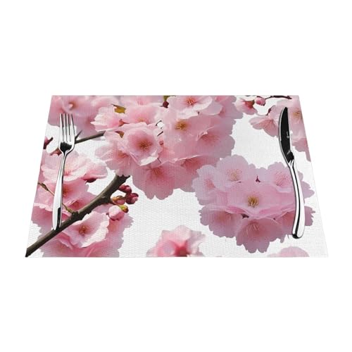 Cherry Japanese Cherry Blossom Placemats Set of 6 PCS Easy Clean Woven PVC Placemat for Dining Table, Heat Resistant Non-Slip Place Mats Wipeable Indoor Outdoor Table Mats 12x18 Inch