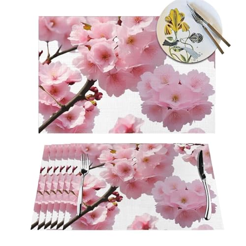 Cherry Japanese Cherry Blossom Placemats Set of 6 PCS Easy Clean Woven PVC Placemat for Dining Table, Heat Resistant Non-Slip Place Mats Wipeable Indoor Outdoor Table Mats 12x18 Inch