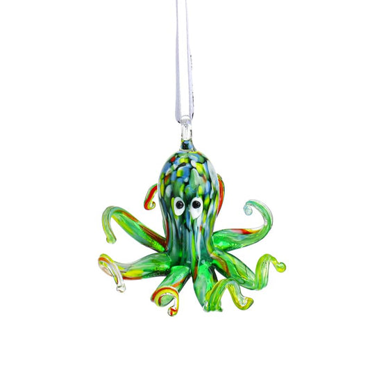 2'' Art Glass Octopus Coastal Hanging Ornament Blown Glass Sea Animal Pendant Collection for Christmas Tree & Beach Holiday Decoration