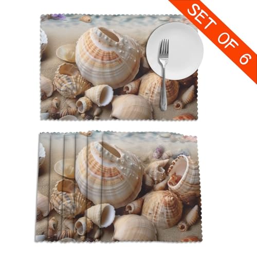 12x18 Inch Placemats Set of 6, Non-Slip Heat Resistant Place Mats Washable Reusable Table Mats for Kitchen Dining Table Decoration Seashells by The Seashore