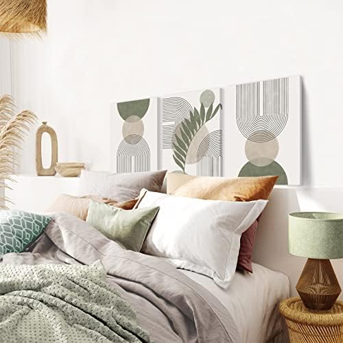 Sage Green Boho Wall Art Set of 3, Minimalist Framed Wall Art Geometric Line Leaf Sun Moon Beige Green Canvas Artwork Paintings, Abstract Botanical Boho Room Decor, Office, 12"x16"