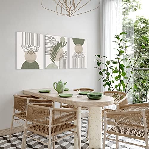 Sage Green Boho Wall Art Set of 3, Minimalist Framed Wall Art Geometric Line Leaf Sun Moon Beige Green Canvas Artwork Paintings, Abstract Botanical Boho Room Decor, Office, 12"x16"