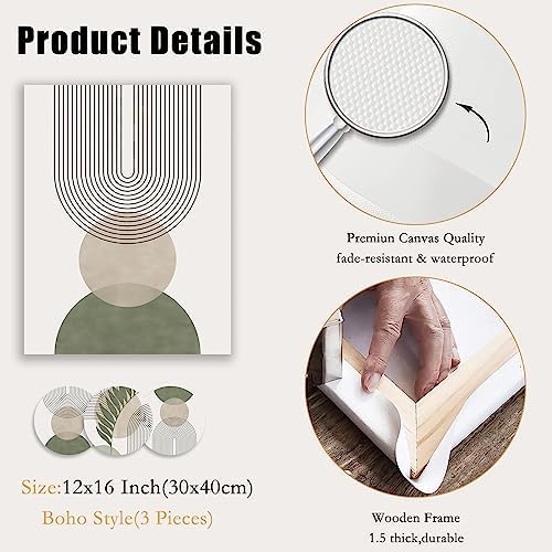 Sage Green Boho Wall Art Set of 3, Minimalist Framed Wall Art Geometric Line Leaf Sun Moon Beige Green Canvas Artwork Paintings, Abstract Botanical Boho Room Decor, Office, 12"x16"