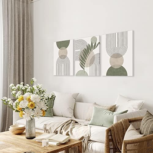 Sage Green Boho Wall Art Set of 3, Minimalist Framed Wall Art Geometric Line Leaf Sun Moon Beige Green Canvas Artwork Paintings, Abstract Botanical Boho Room Decor, Office, 12"x16"