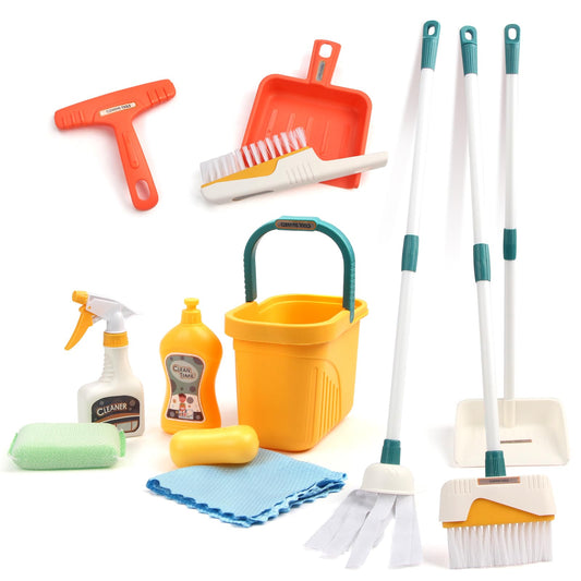 Joyfia Kids Cleaning Set 12 Piece, Toy Cleaning Set Includes Broom, Dustpan, Mop, Brush, Spray, Scraper, Bucket, Sponge and More, Pretend Play Housekeeping Kit for Toddlers Aged 3+