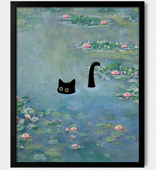 Hamduker Cat Wall Art Monet Prints Vintage Canvas Wall Art Funny Cat in Water Lilies Posters for Room Bedroom Living Room Bathroom Wall Decor Aesthetic (Size: 8''x10''x1pcs)