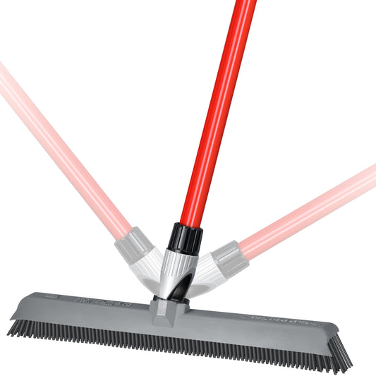 2-in-1 Silicone Rubber Broom Carpet Rake and Squeegee - Swivel Pet Hair Removal Broom with Long Handle - Slanted Side Bristles for Corners - Multipurpose Rubber Broom for Carpet, Hardwood Floor, Tile