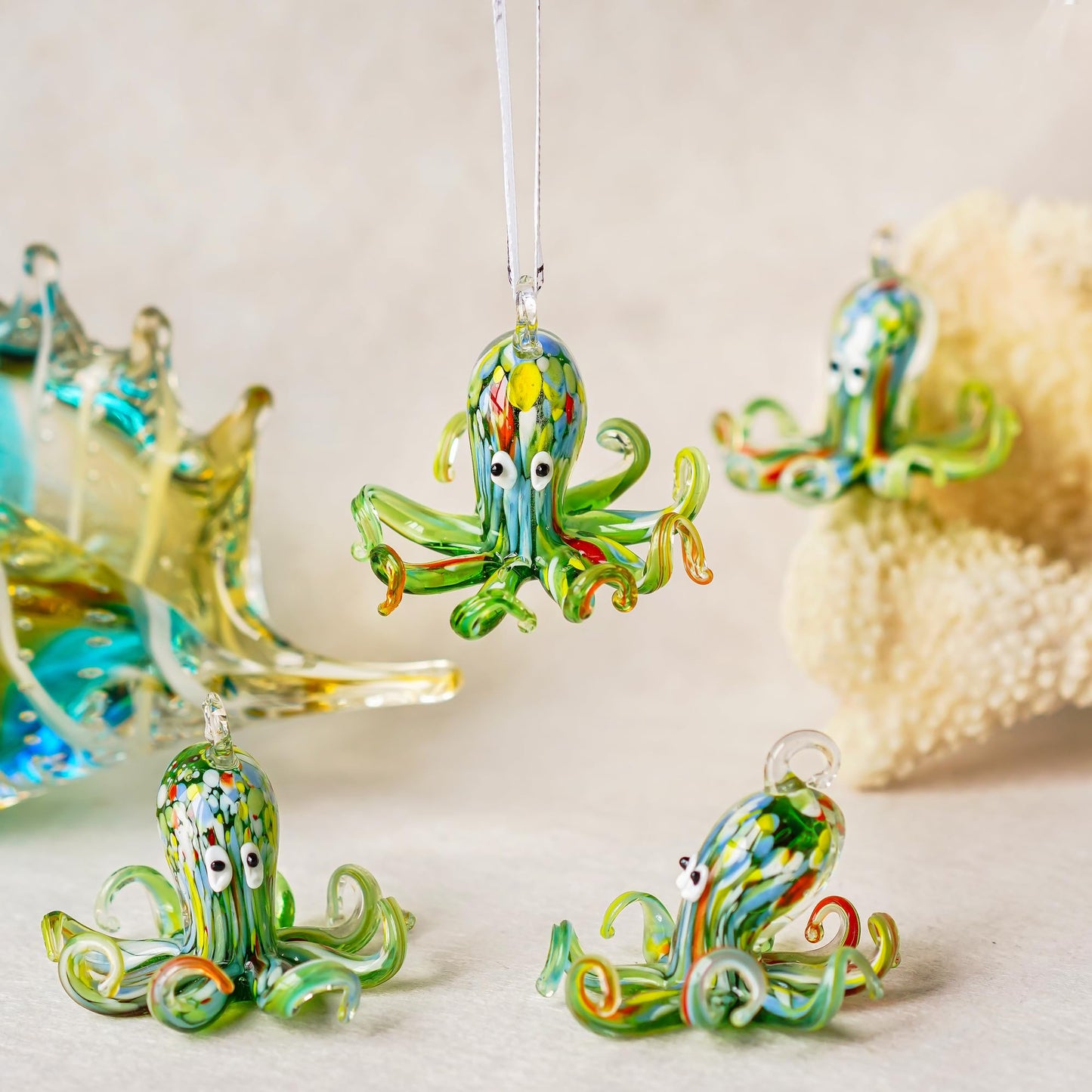 2'' Art Glass Octopus Coastal Hanging Ornament Blown Glass Sea Animal Pendant Collection for Christmas Tree & Beach Holiday Decoration