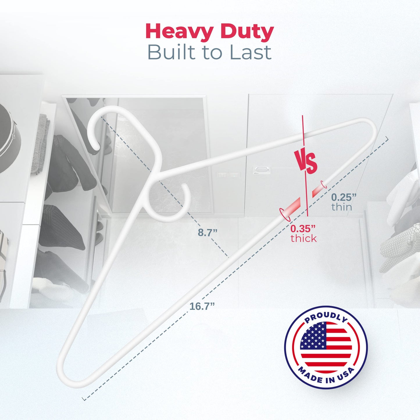 Made in USA Heavy Duty Plastic Clothes Hangers Bulk, 20 30 50 100 Pack Available, Strong Plastic Hangers, Jacket Coat Hangers, Thick Plastic Hanger for Closet and Clothing Hangars (24pk White)