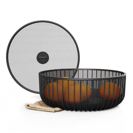 LIBKEN Metal Fruit Bowl with Mesh Lid and Basket - Fruit and Vegetable Holder For Kitchen Counter - Countertop Display Baskets Organizer - Bowl Storage for Veggie, Fruits, Snack, and Banana - Black