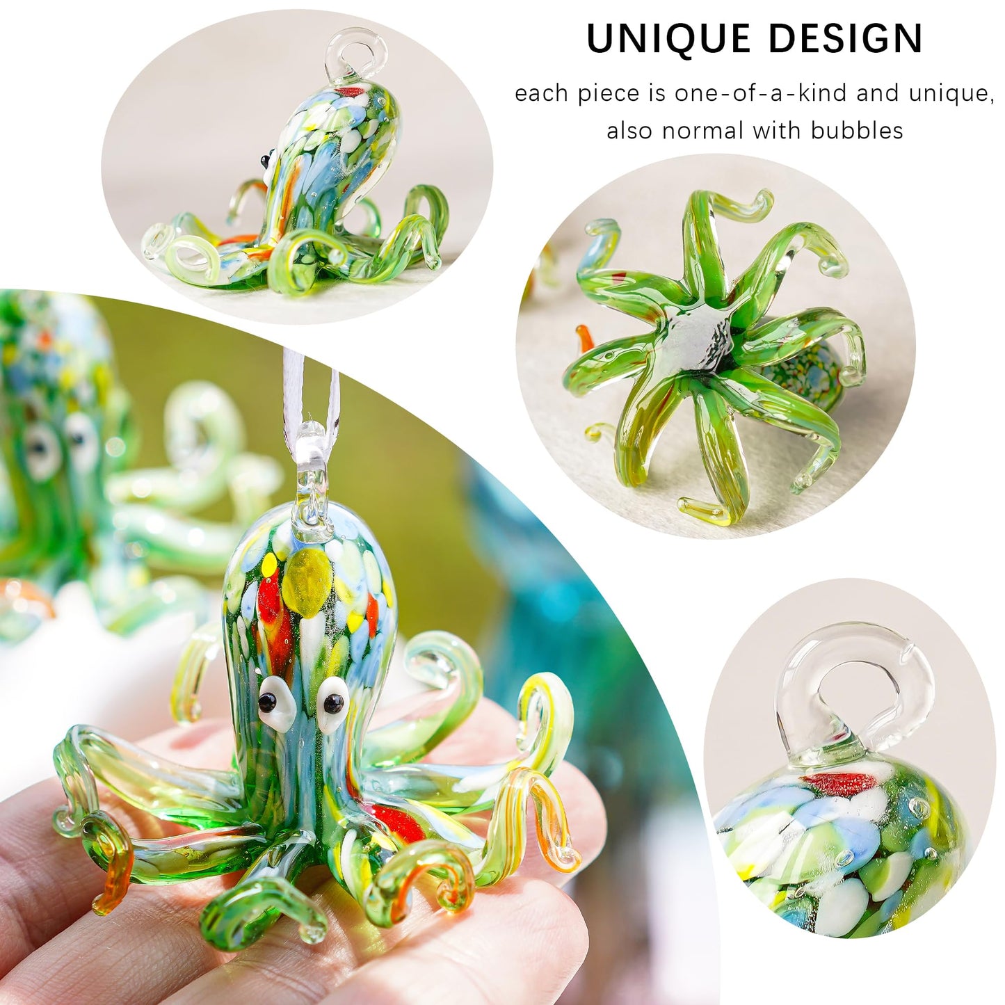 2'' Art Glass Octopus Coastal Hanging Ornament Blown Glass Sea Animal Pendant Collection for Christmas Tree & Beach Holiday Decoration