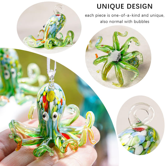 2'' Art Glass Octopus Coastal Hanging Ornament Blown Glass Sea Animal Pendant Collection for Christmas Tree & Beach Holiday Decoration