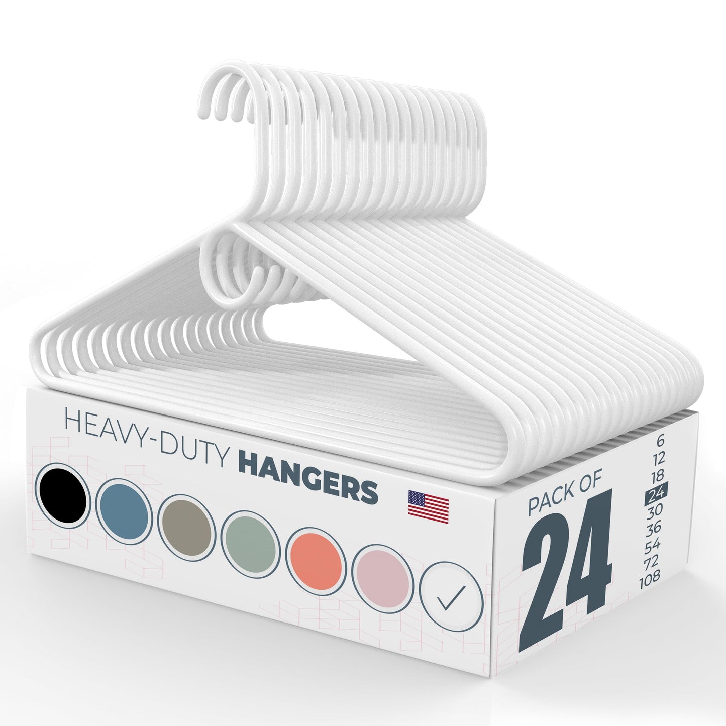 Made in USA Heavy Duty Plastic Clothes Hangers Bulk, 20 30 50 100 Pack Available, Strong Plastic Hangers, Jacket Coat Hangers, Thick Plastic Hanger for Closet and Clothing Hangars (24pk White)