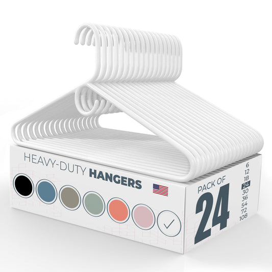 Made in USA Heavy Duty Plastic Clothes Hangers Bulk, 20 30 50 100 Pack Available, Strong Plastic Hangers, Jacket Coat Hangers, Thick Plastic Hanger for Closet and Clothing Hangars (24pk White)