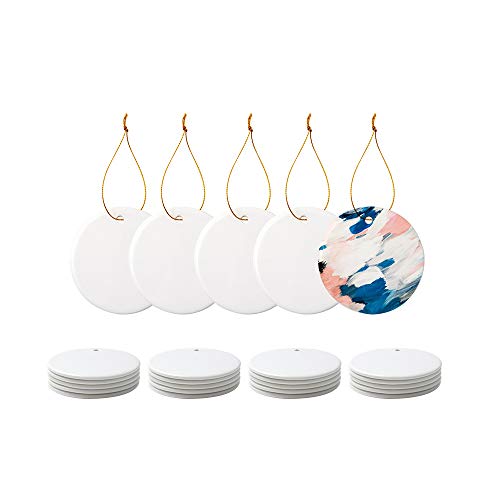 PYD Life 25 PCS Sublimation Ceramic Ornaments Bulk White 2.75 Inch Round Blank with Gold String for Crafting DIY Personalized Christmas Home Decor Bulk