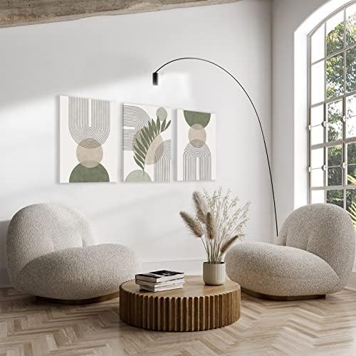 Sage Green Boho Wall Art Set of 3, Minimalist Framed Wall Art Geometric Line Leaf Sun Moon Beige Green Canvas Artwork Paintings, Abstract Botanical Boho Room Decor, Office, 12"x16"