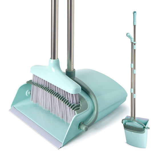 XXXFLOWER Broom and Dustpan Set for Home, Cleaning Teeth Combo Set with 55" Long Handle, Indoor Sweep Tool for Office, Kitchen, Lobby Floor, Bluish Green