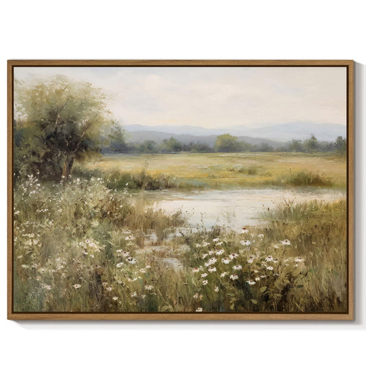 Vintage Landscape Wall Art Spring Wildflower Field Pictures Wall Decor Rustic River Pond Painting Prints Nature Wilderness Scenery Poster Framed for Bedroom Bathroom Home Kitchen Decoration 12x16 Inch