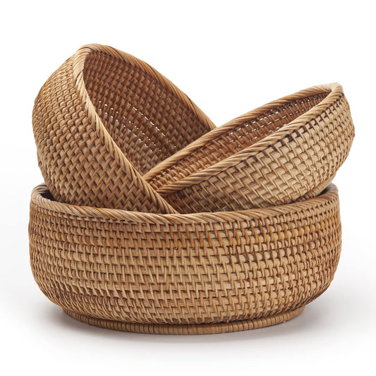 Round Rattan Fruit Baskets Woven Storage Bowls Key Holder Stackable for Shelf Kitchen Tabletop Natural Set of 3