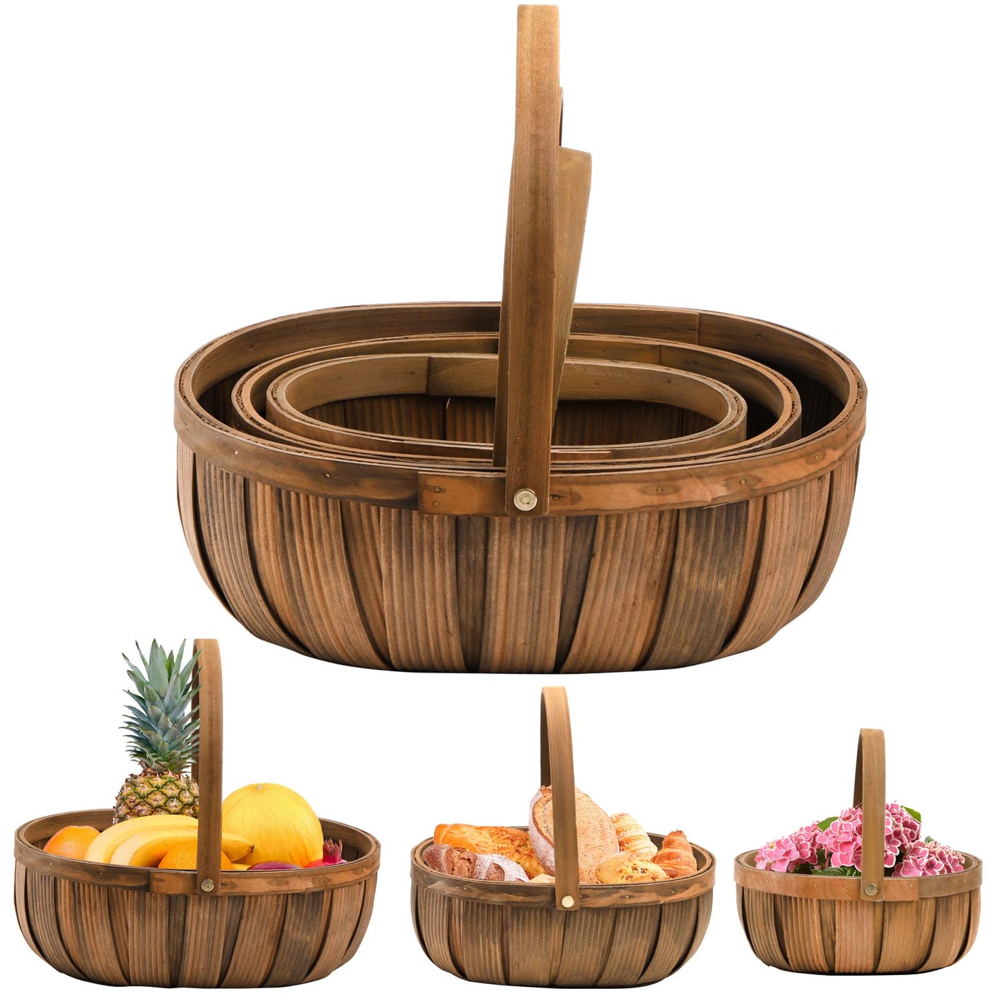 Lawei 3 Pack Wicker Bread Baskets, Wood Chip Picnic Basket with Handles, Handmade Woven Fruits Vegetable Storage Serving Basket Holder, Gift Packing Woven Basket, Flower Girl Baskets for Wedding
